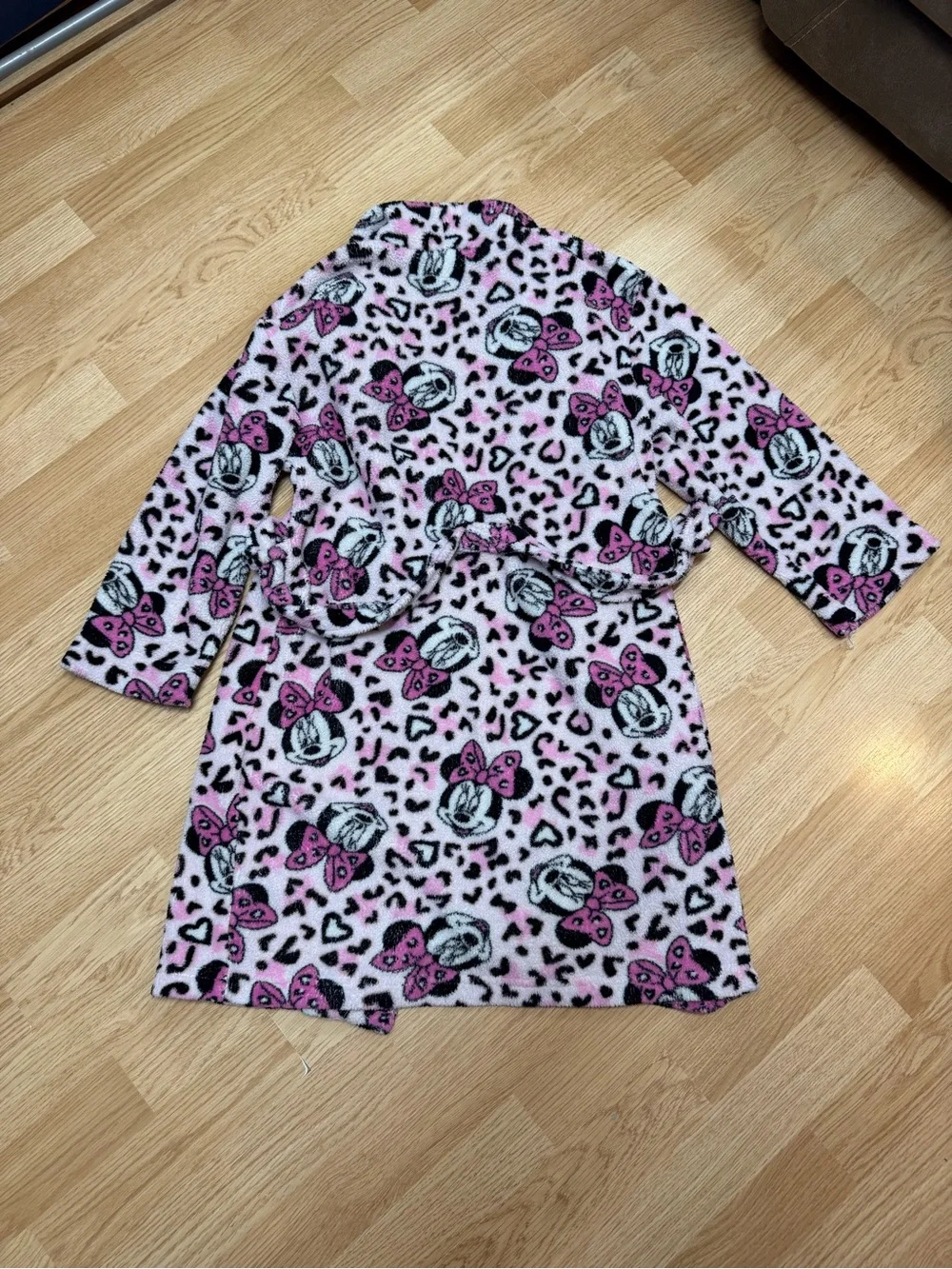 Disney Minnie Mouse Girls Pink Leopard Print Plush Fleece Robe Belted Cozy